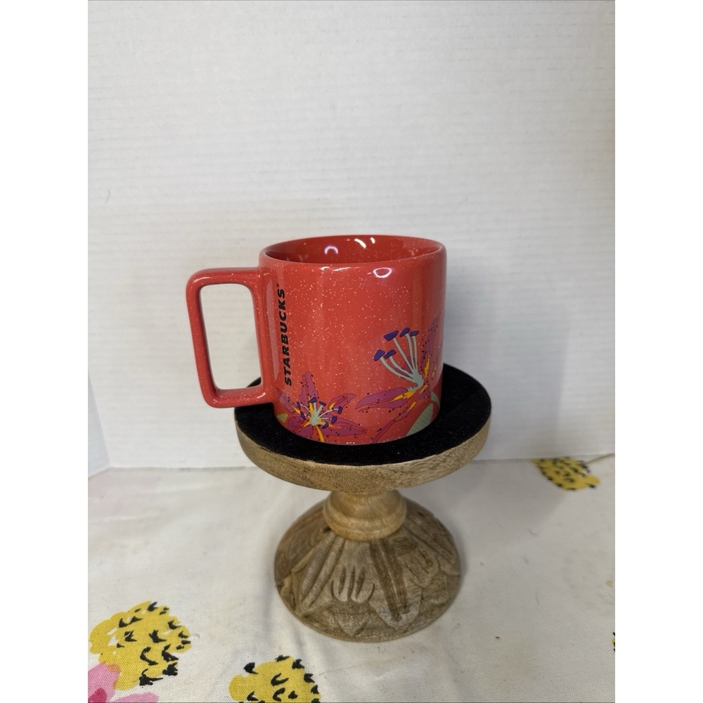 Starbucks Coffee Mug 2022 Salmon Pink/Red Stargazer Lily Speckled 12oz Cup